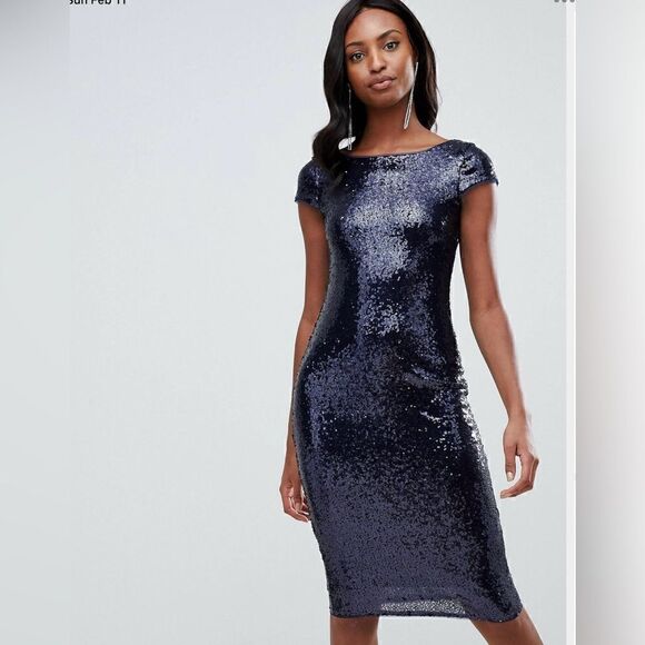 EUC TFNC Tall Sequin Cap Sleeve Midi Dress in navy - Picture 4 of 9